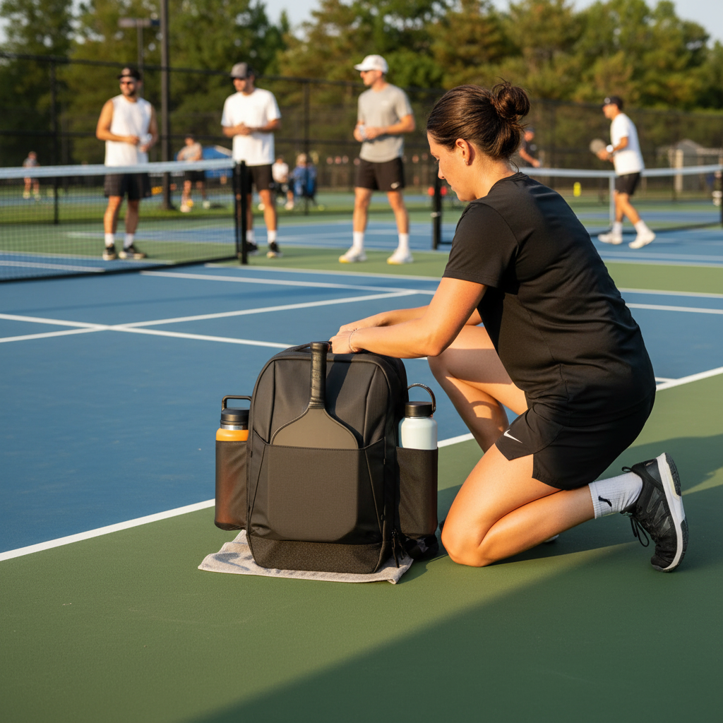 Pickleball player reaching into a black backpack at an outdoor summer league court during a match break