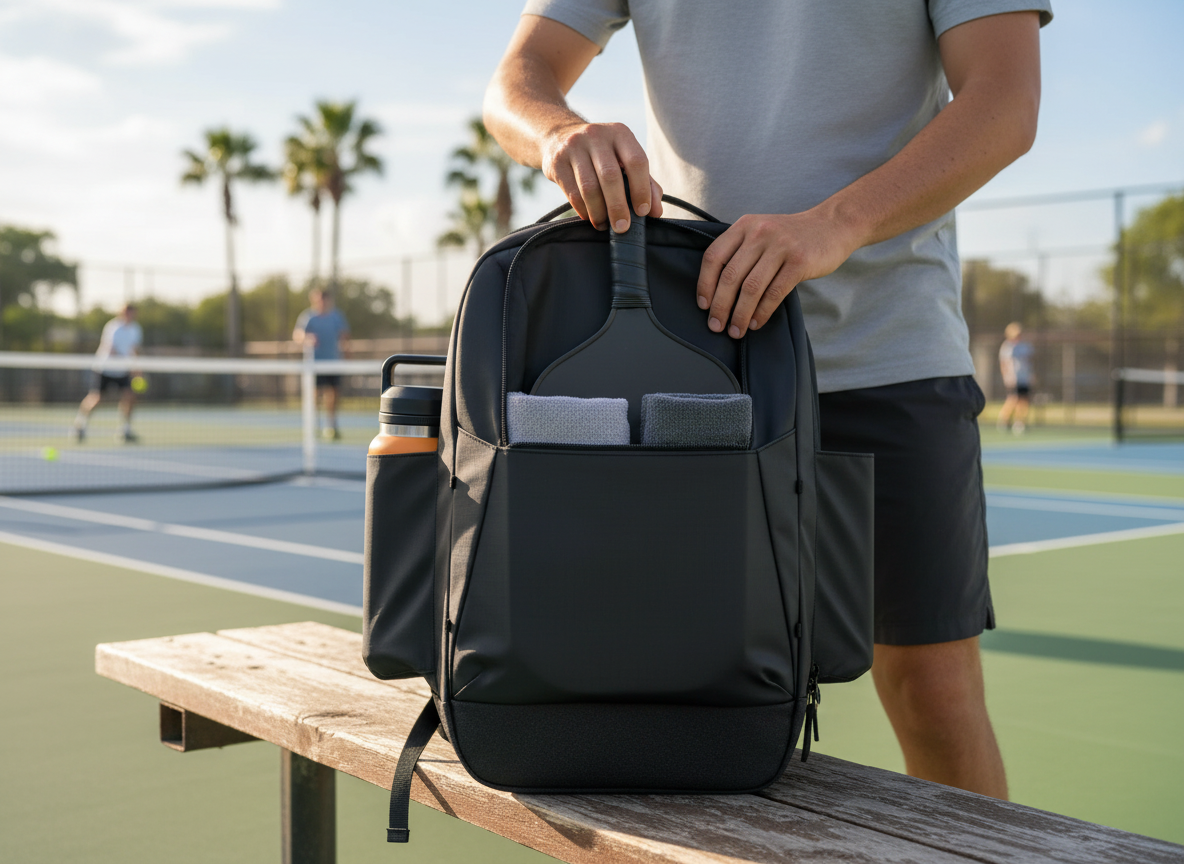 Player accessing FORWRD Court Caddy pickleball backpack courtside, bag standing upright on bench
