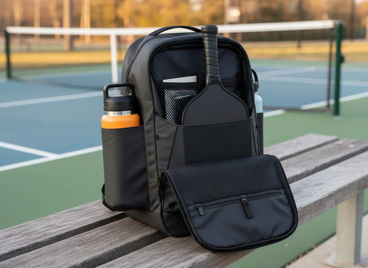 Open premium pickleball backpack on courtside bench showing organized paddle sleeve, water bottle pocket, and main compartment