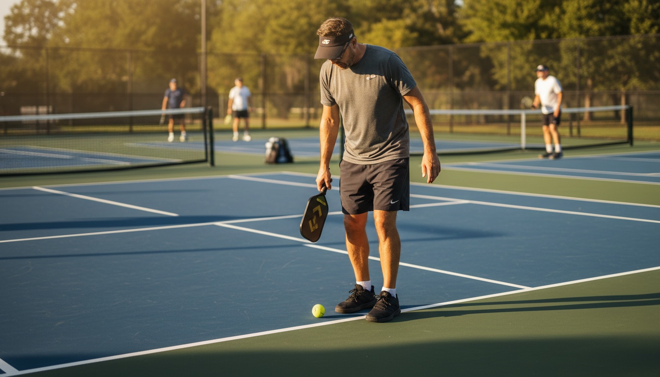 Beginner pickleball player studying foot position at the kitchen line on an outdoor court