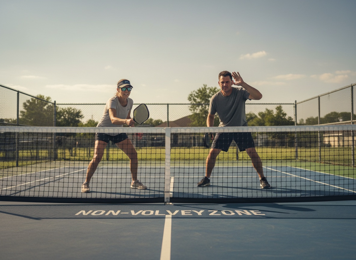 Two pickleball players at the non-volley zone on an outdoor court, one wearing sport sunglasses in bright midday sun