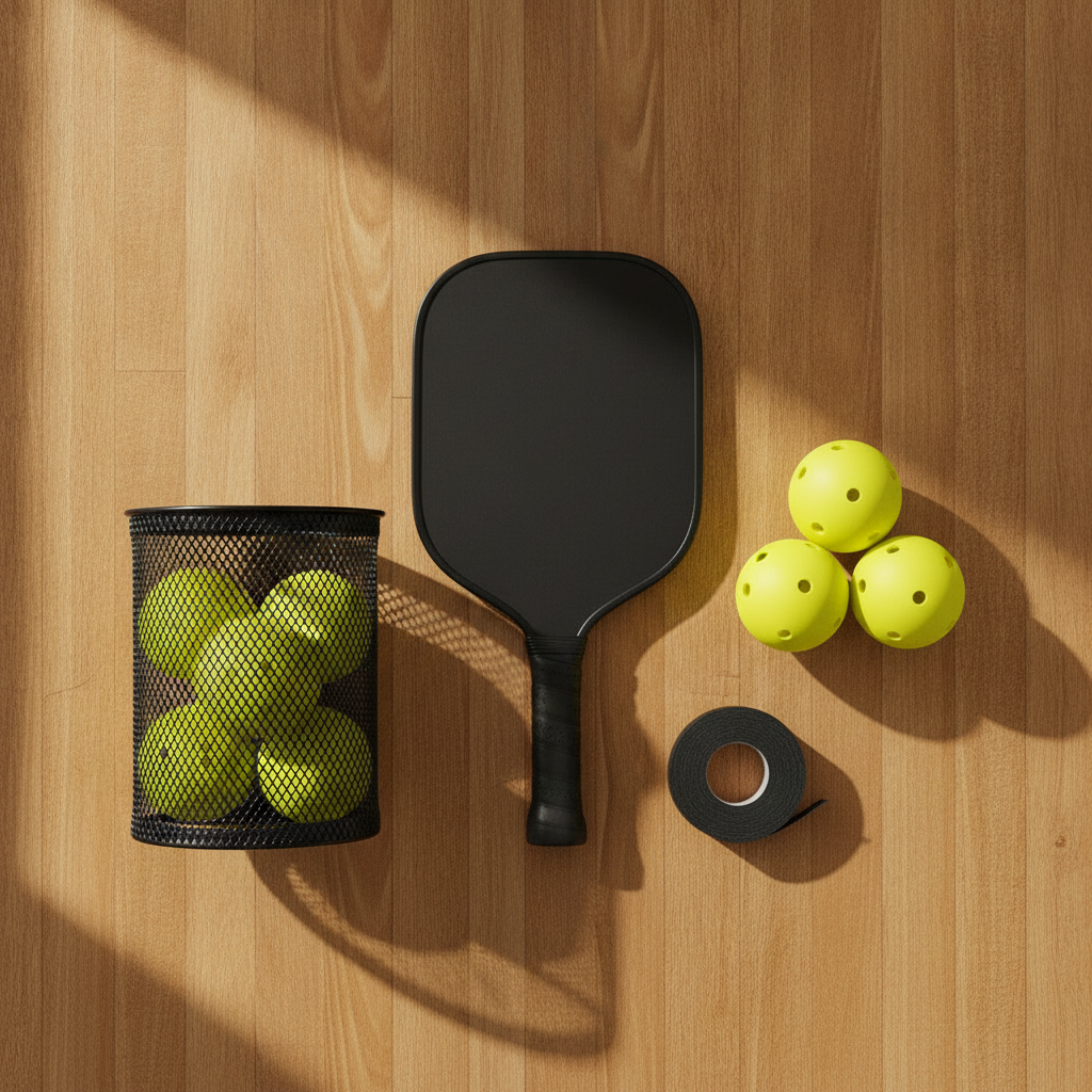 Flat lay of beginner pickleball gift essentials — paddle, balls, overgrip tape, and ball hopper on a wooden surface