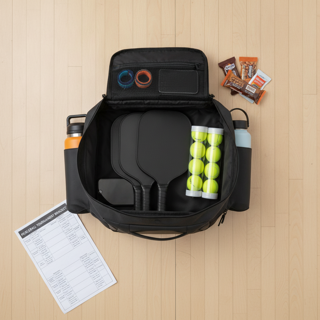 Tournament packing checklist for pickleball players — Court Caddy bag with gear spread out for inspection