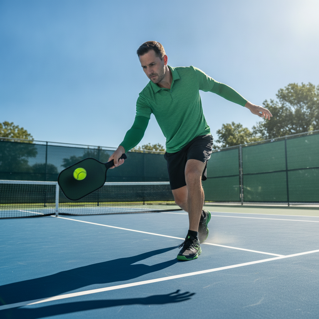 Pickleball player executing a powerful forehand drive on an outdoor court