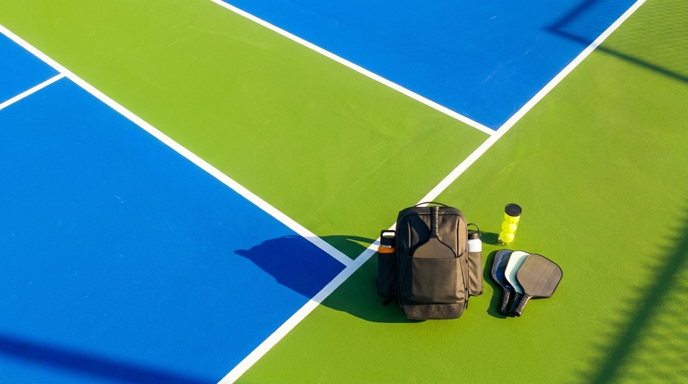 Aerial view of a pickleball court with blue kitchen zone and white lines, player bag at the sideline