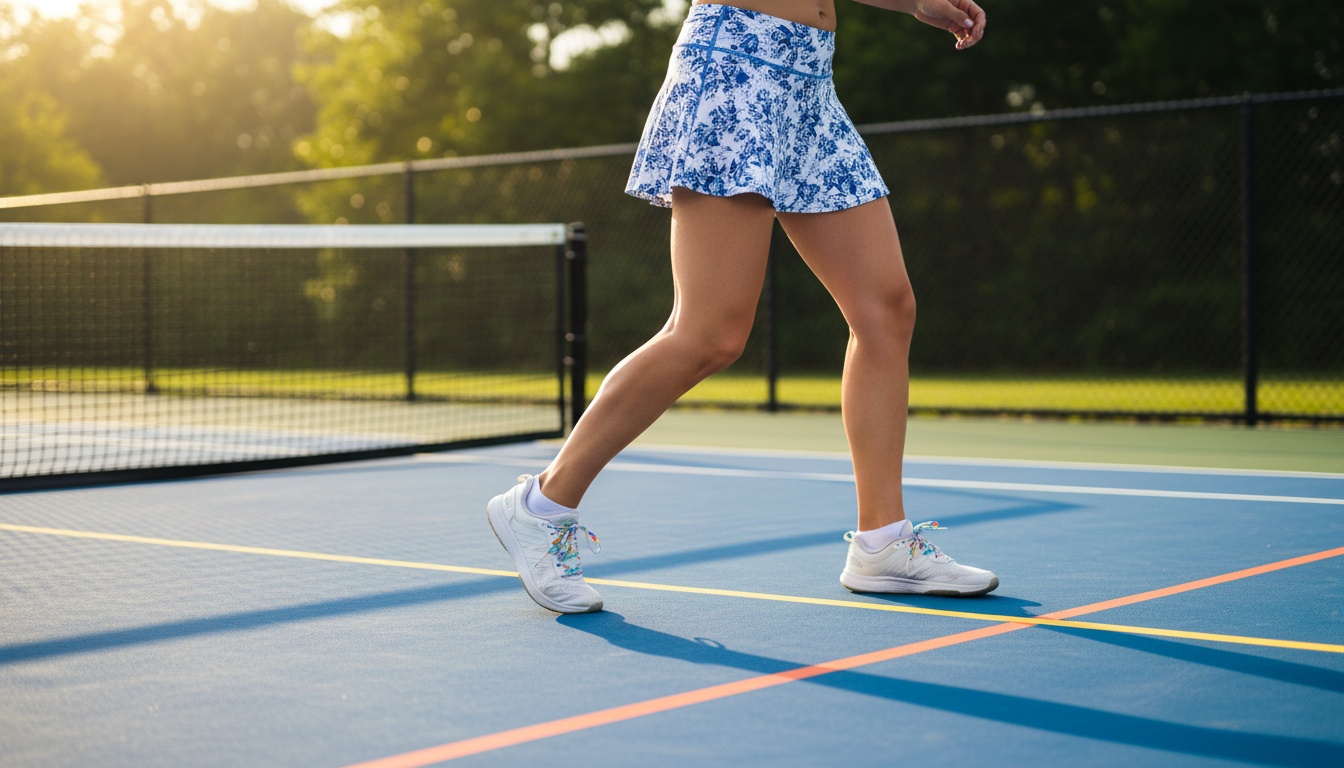 Women's athletic skort on outdoor pickleball court during lateral split-step, golden afternoon light