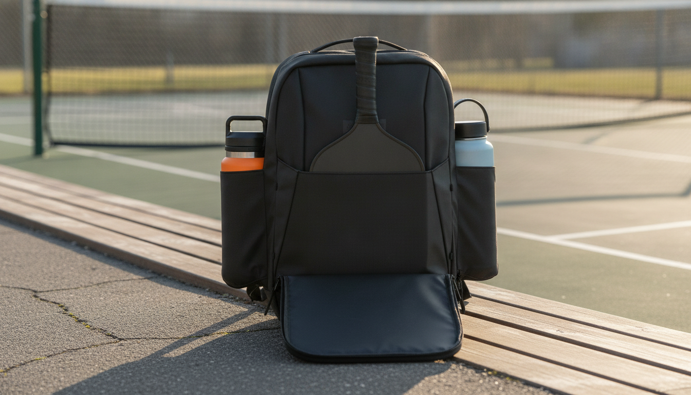 Pickleball bag open on outdoor court bench showing organized paddle compartment and gear