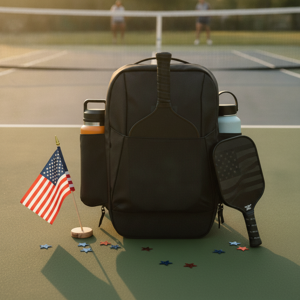 Pickleball bag and paddle on outdoor court with patriotic July 4th summer decorations