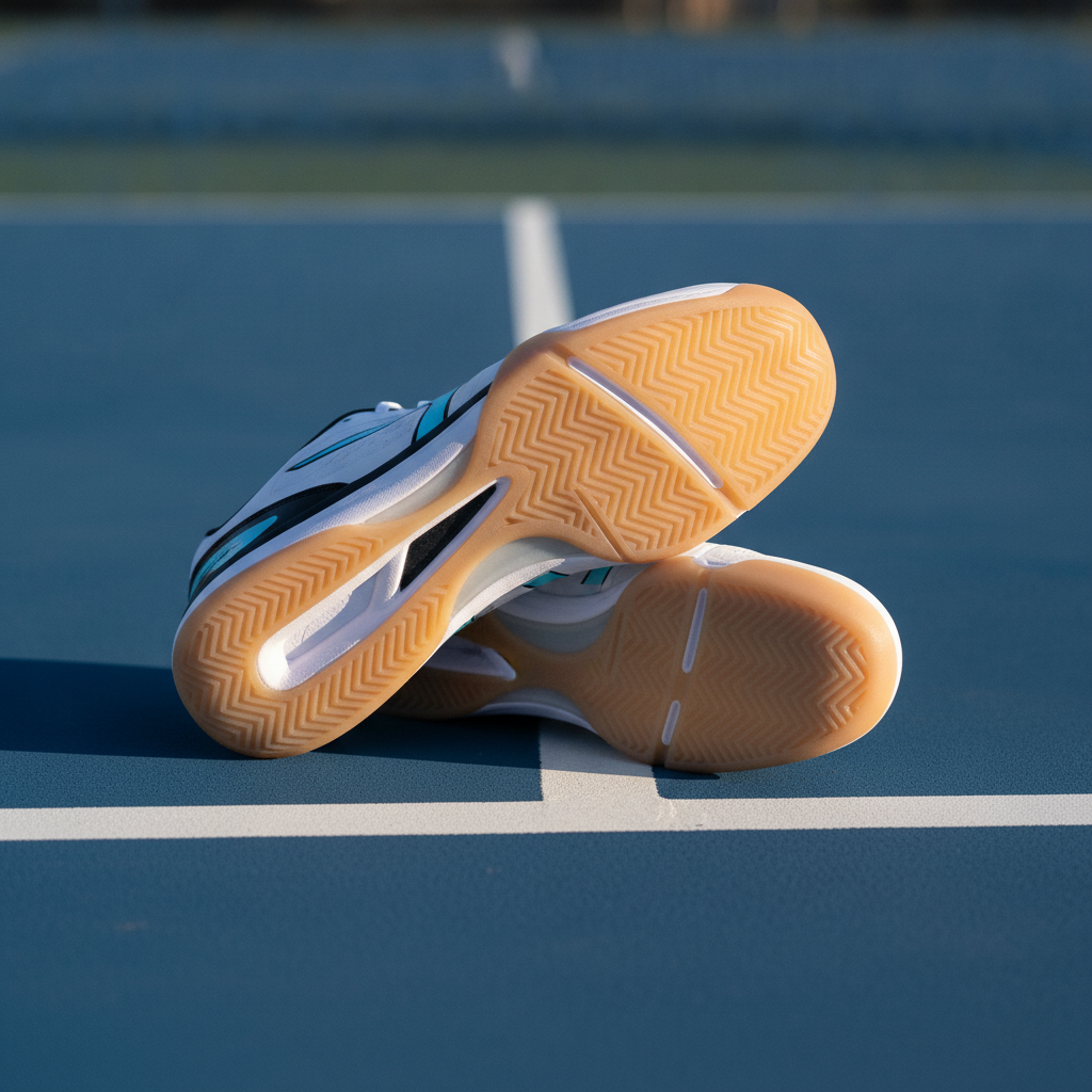 Women's court shoes on outdoor pickleball court showing grip outsole and lateral support