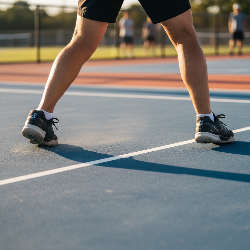 Close-up of pickleball player feet in proper lateral shuffle position on outdoor hard court