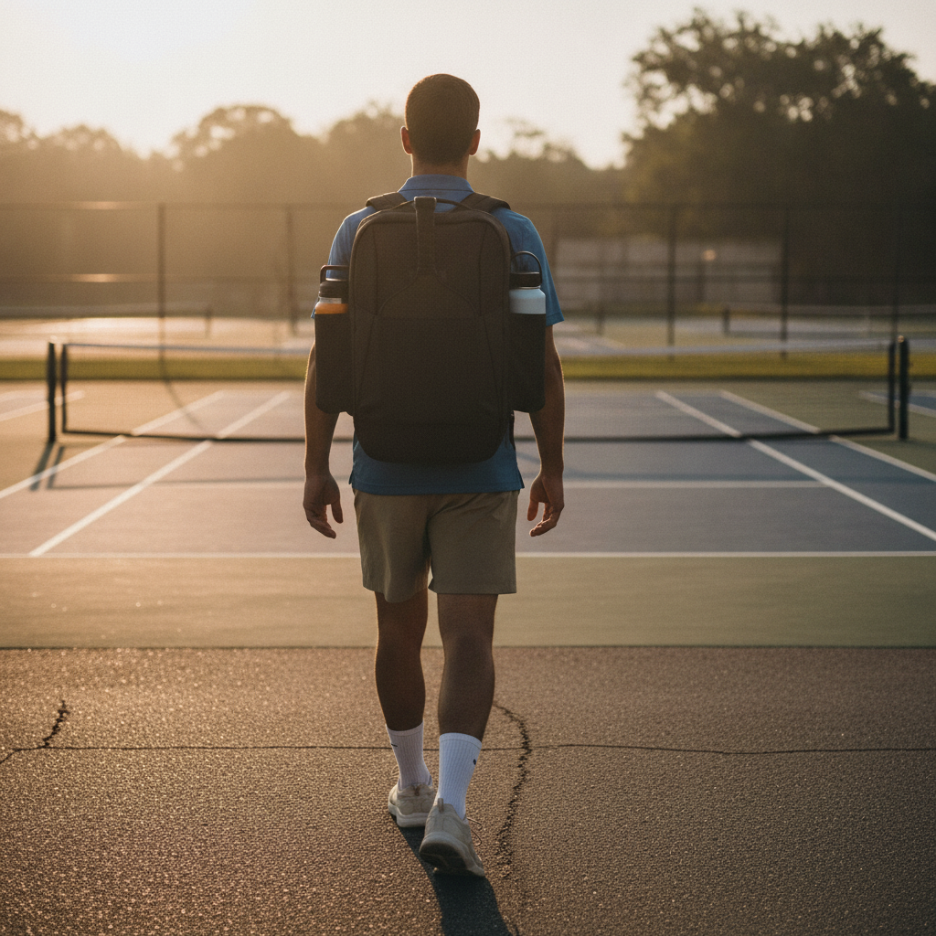 Pickleball player walking toward the court wearing a black backpack with proper posture