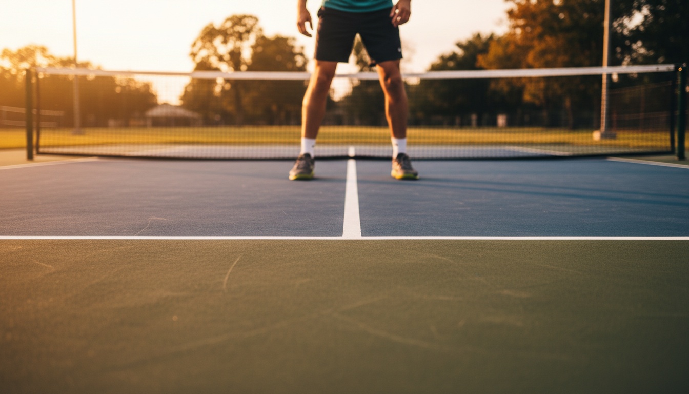 Pickleball player footwork on outdoor court showing lateral movement stability