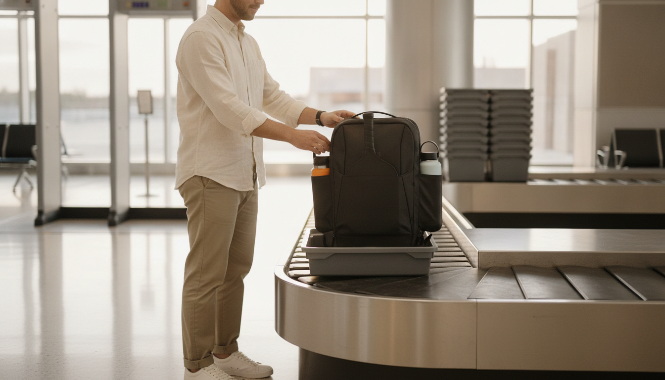Traveler with FORWRD pickleball backpack at airport security checkpoint — Court Ranger V2 ready for carry-on boarding