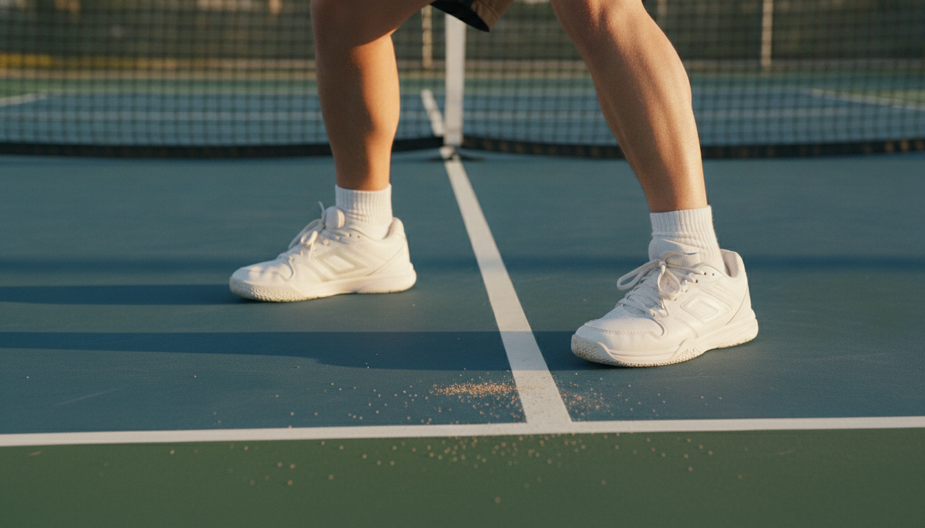 Pickleball player at the kitchen line showing footwork in court shoes on an outdoor hard court