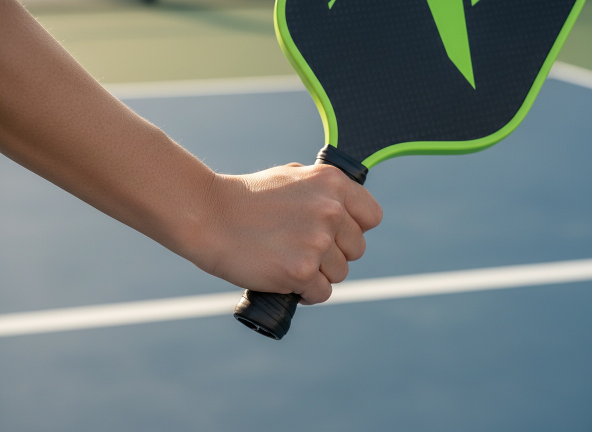 Flat lay of pickleball overgrips in various colors alongside a paddle with worn grip tape on a wooden surface