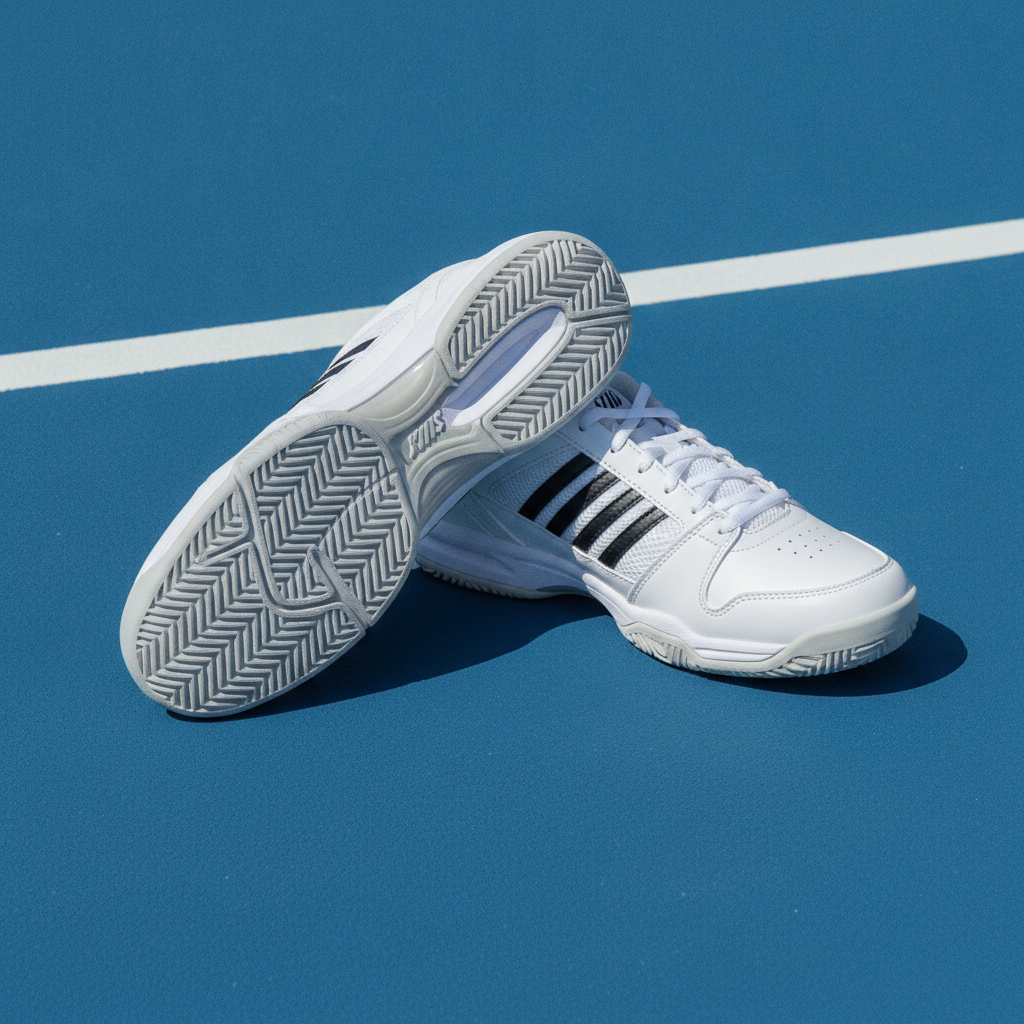 K-Swiss Express Light pickleball court shoes showing herringbone outsole tread pattern on court surface