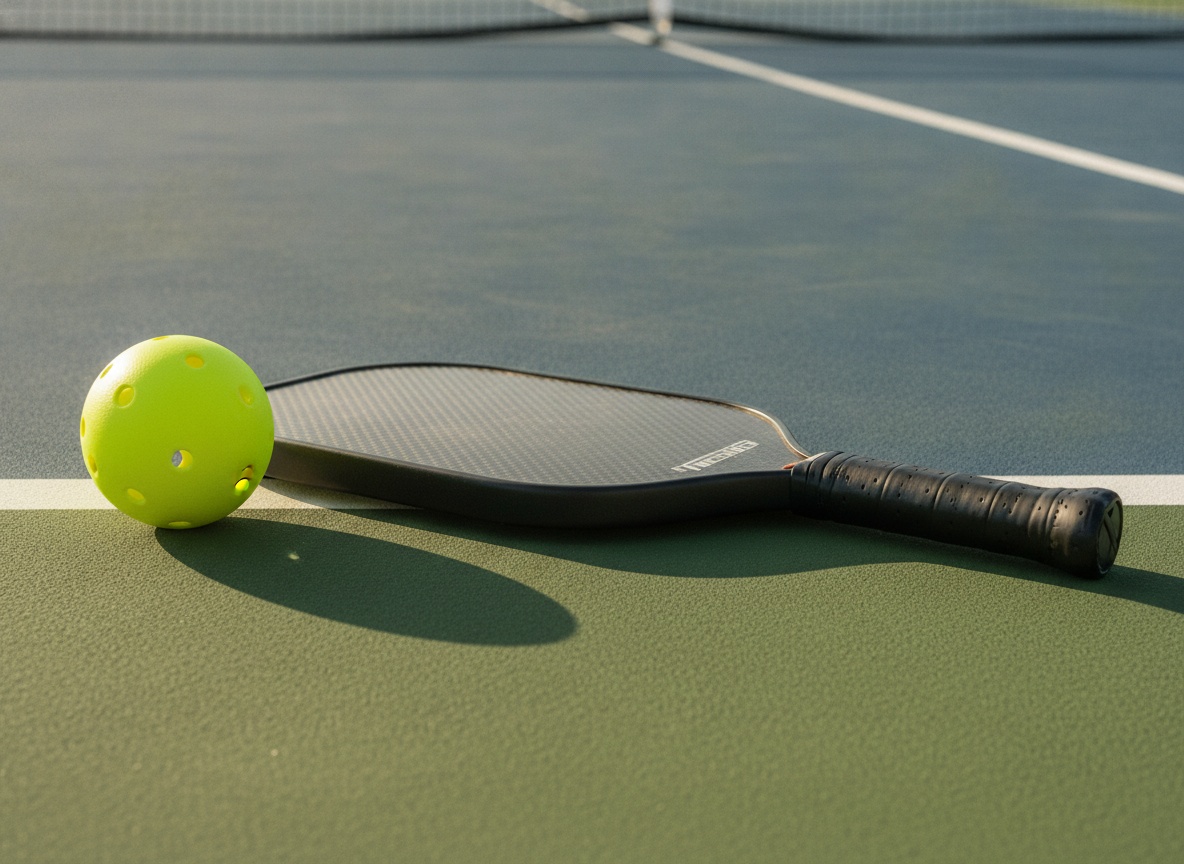Elongated pickleball paddle resting courtside with a yellow outdoor pickleball before a match