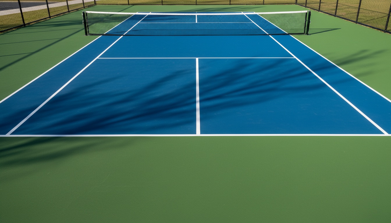 Outdoor pickleball court showing blue kitchen zone, green playing area, and white boundary lines