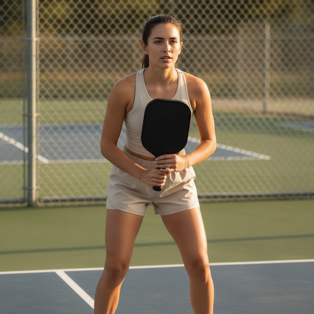 Pickleball player at the non-volley zone, calm focused expression before a rally