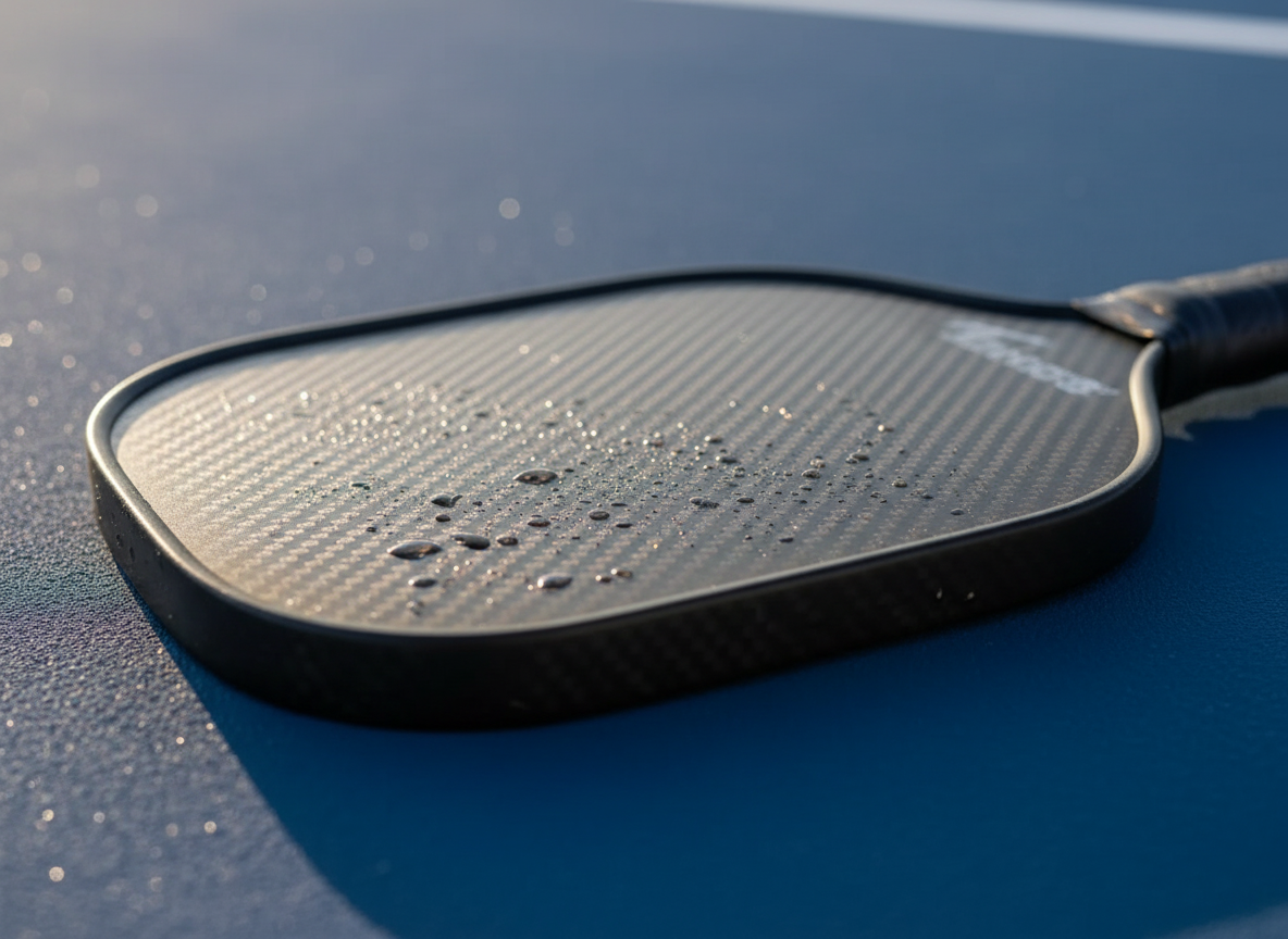 Close-up of a carbon fiber pickleball paddle face resting on a blue hard court surface, showing the raw carbon fiber weave texture