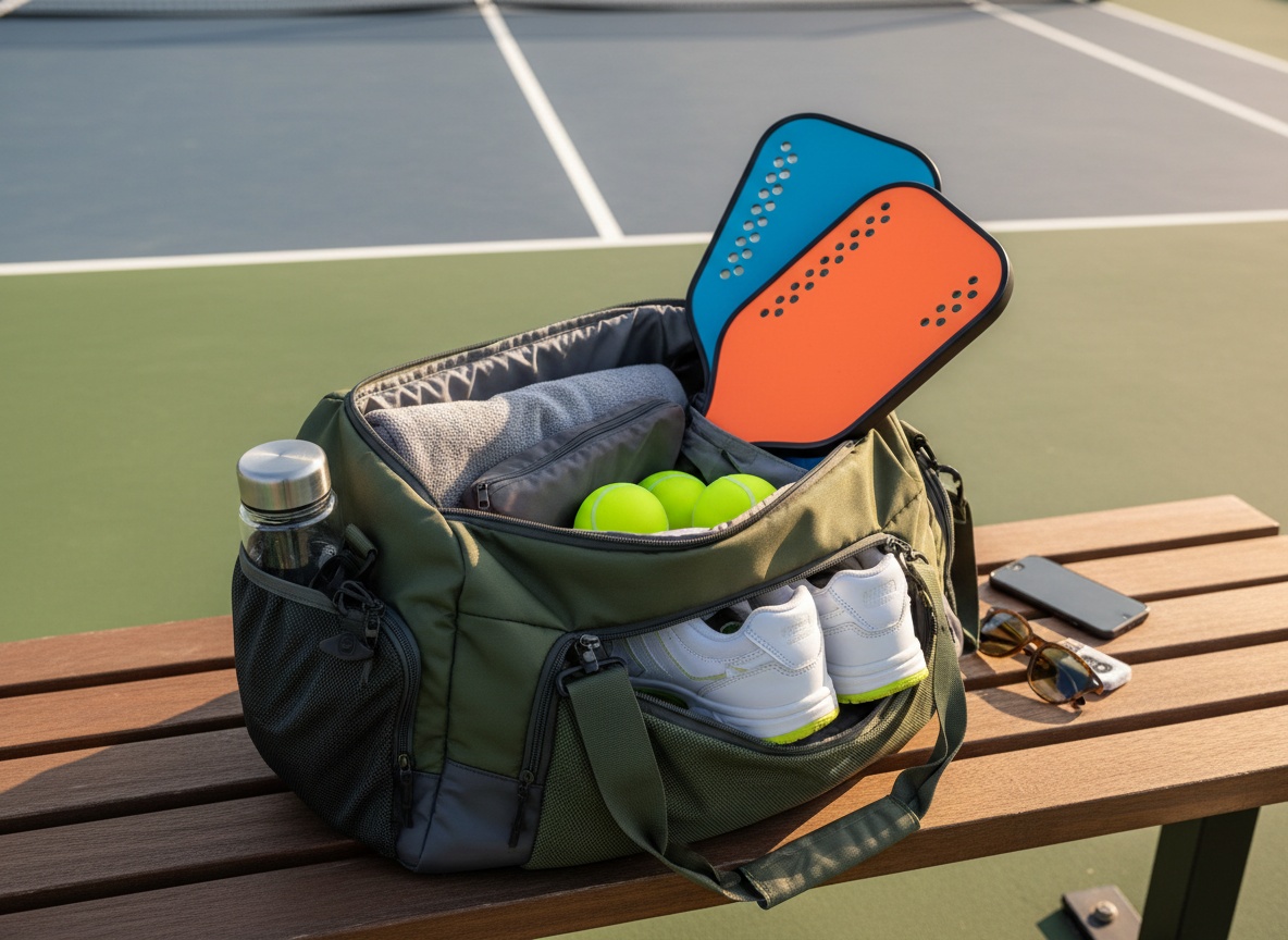 Open duffle bag on pickleball court bench showing paddles and organized gear compartments