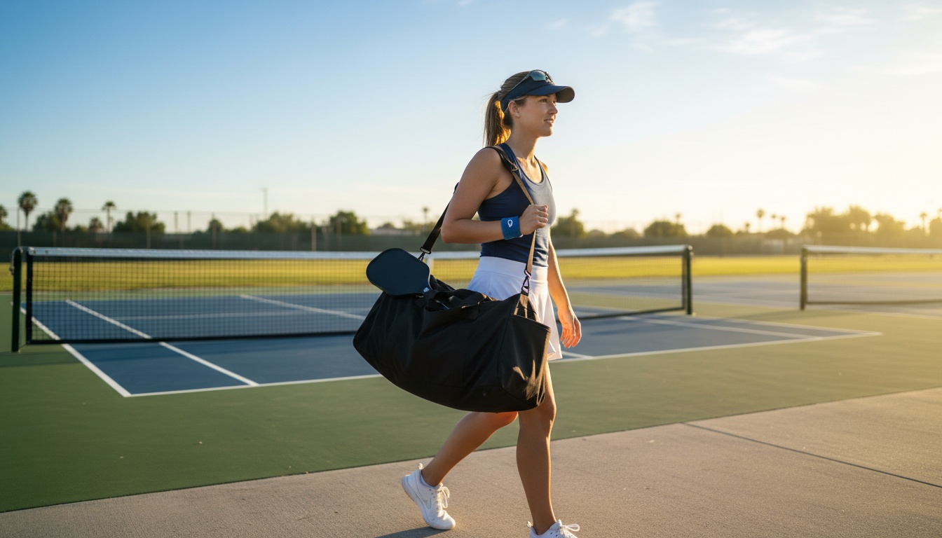 Player arriving at pickleball court with duffle bag over shoulder, ready for match day
