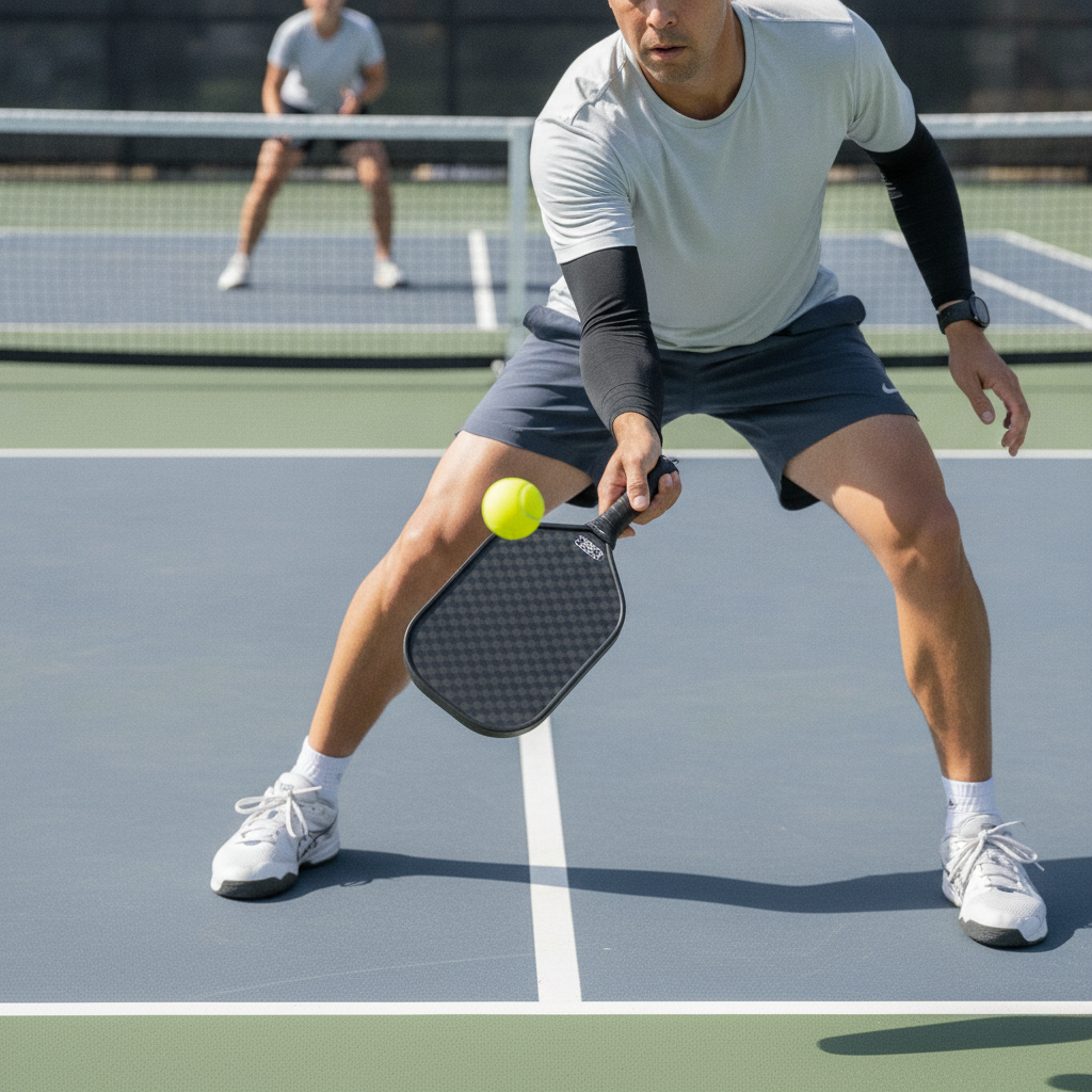 Player arriving at outdoor pickleball court setting down a backpack on the bench