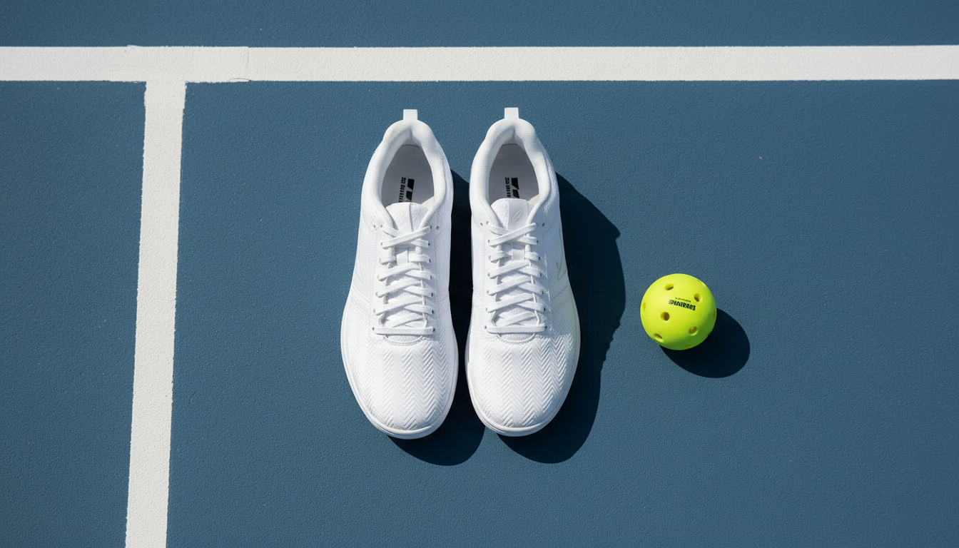 Wide-fit pickleball court shoes flat-lay on outdoor court surface with pickleball
