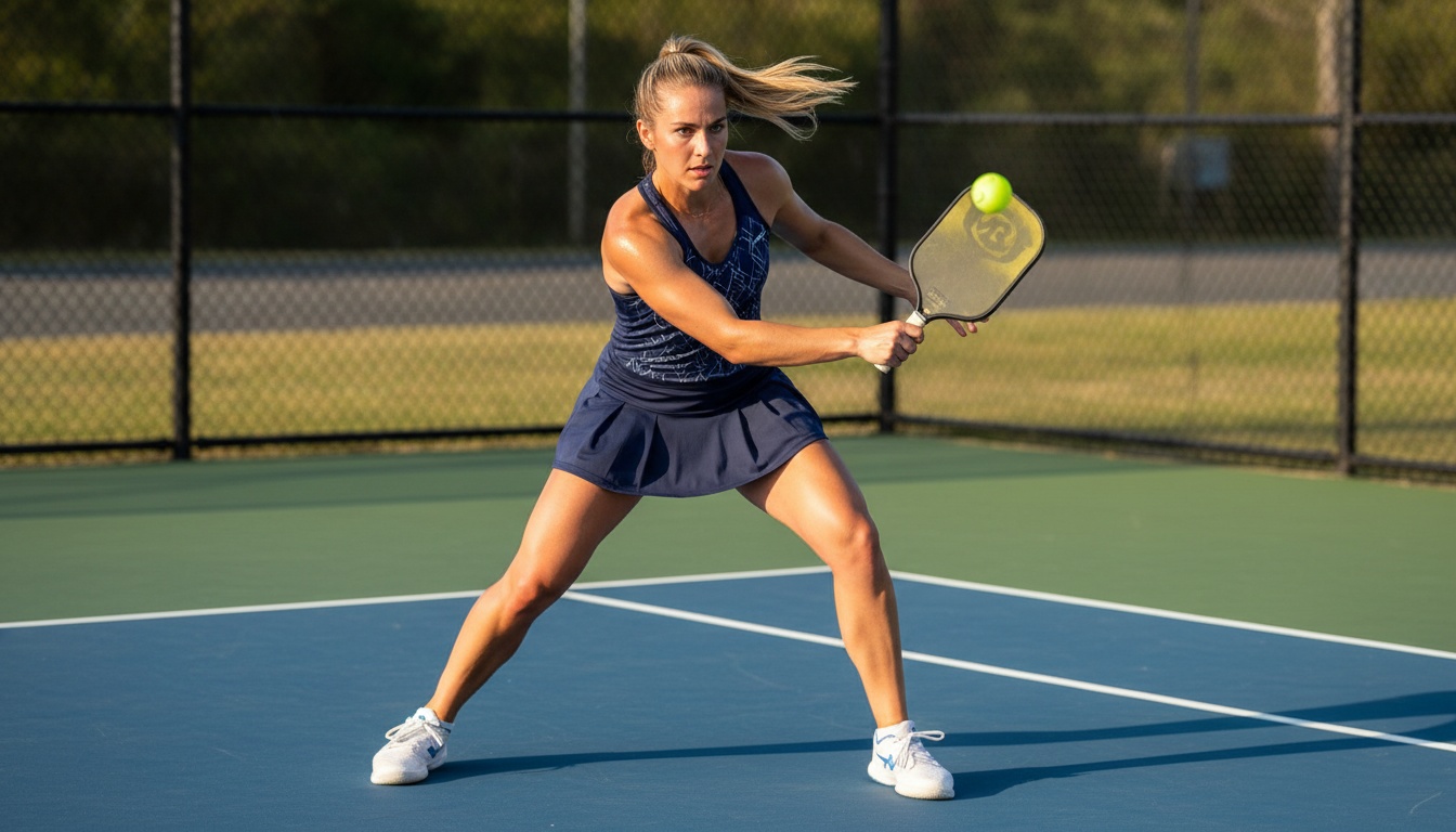 Female pickleball player executing forehand drive on outdoor blue hard court