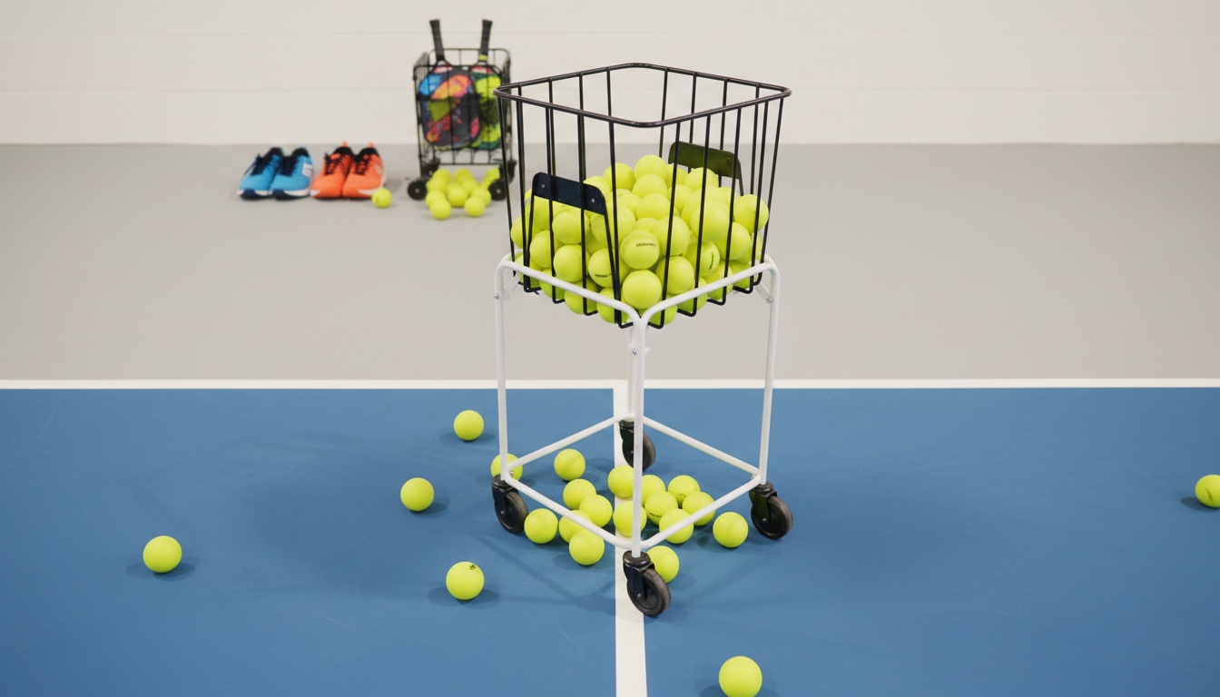 Franklin Sports Rolling Pickleball Hopper filled with yellow pickleballs on an indoor pickleball court
