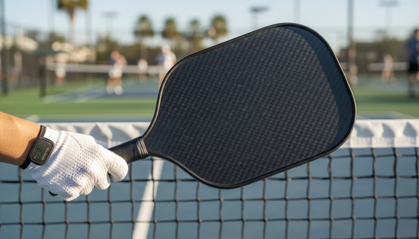 Carbon fiber pickleball paddle held at ready position near pickleball net — RPM Friction Pro Widebody V1 review