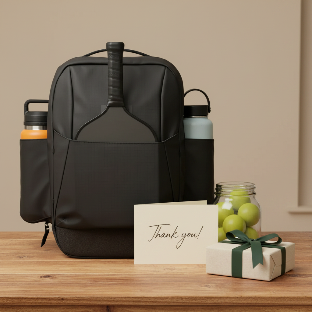 FORWRD pickleball backpack alongside a thank-you card and jar of pickleball balls, arranged as a thoughtful gift