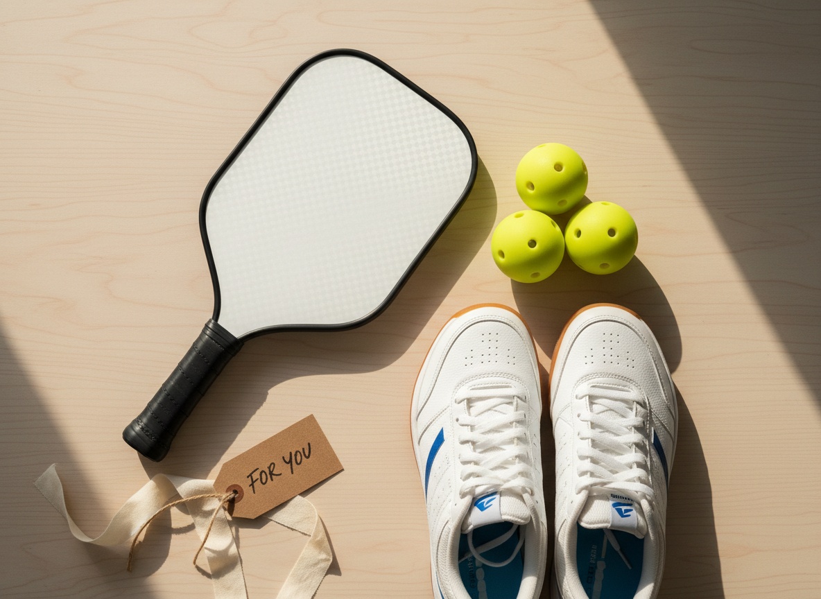Pickleball paddle, balls, and court shoes arranged as a gift flat lay on a wooden surface