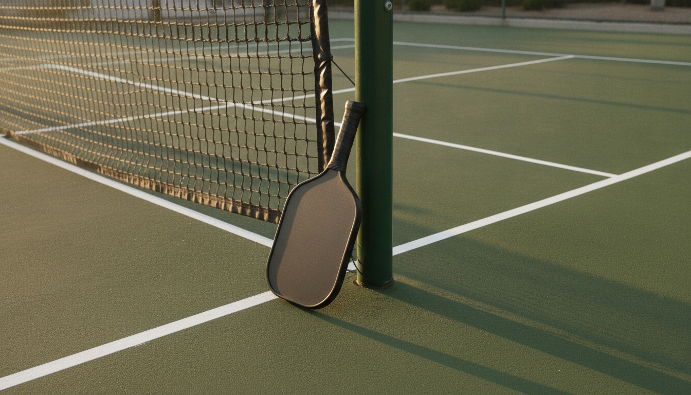 Pickleball paddle resting against court net post at outdoor court, warm afternoon light