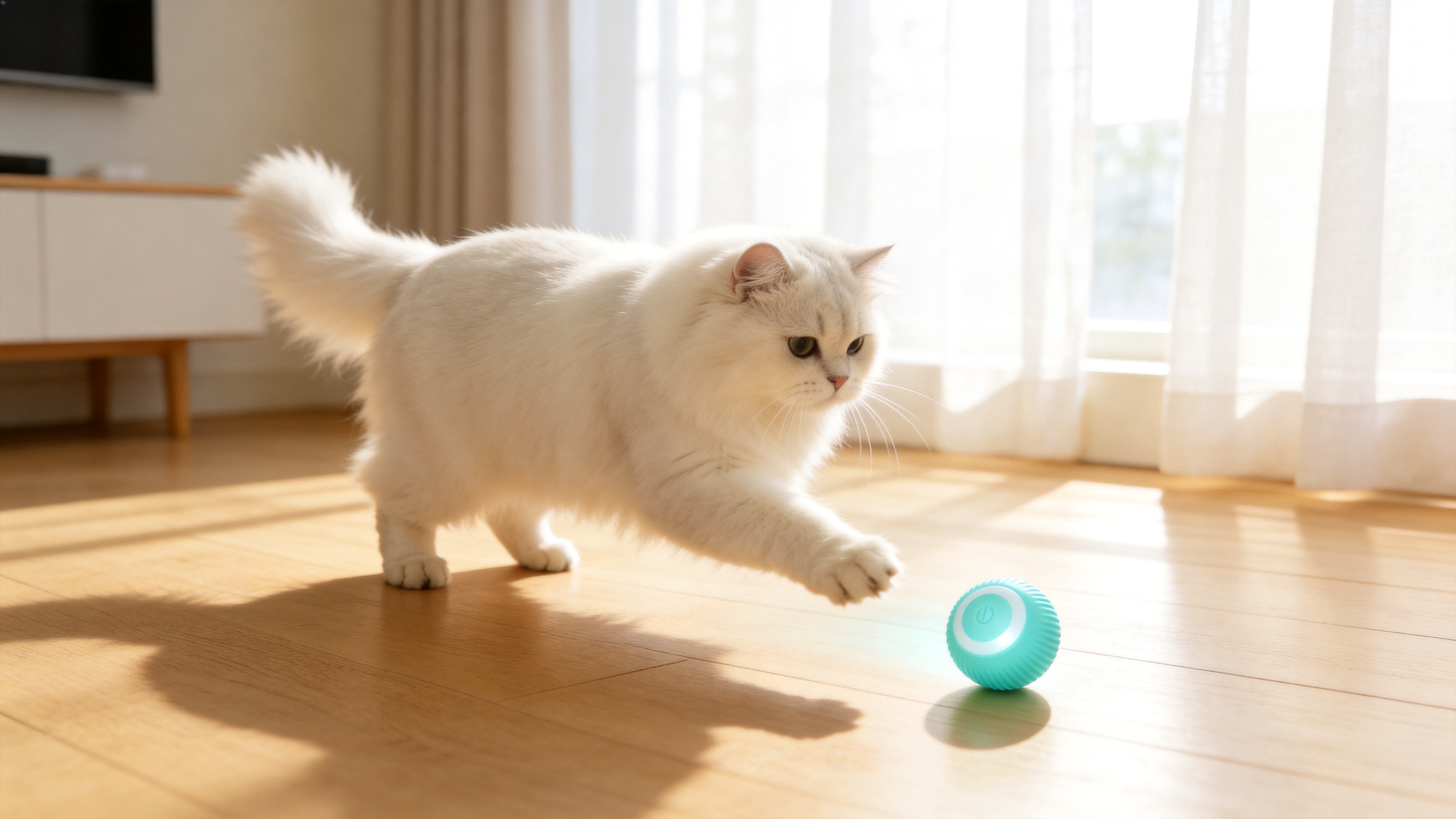 A white cat mid-pounce chasing the Pounce ball