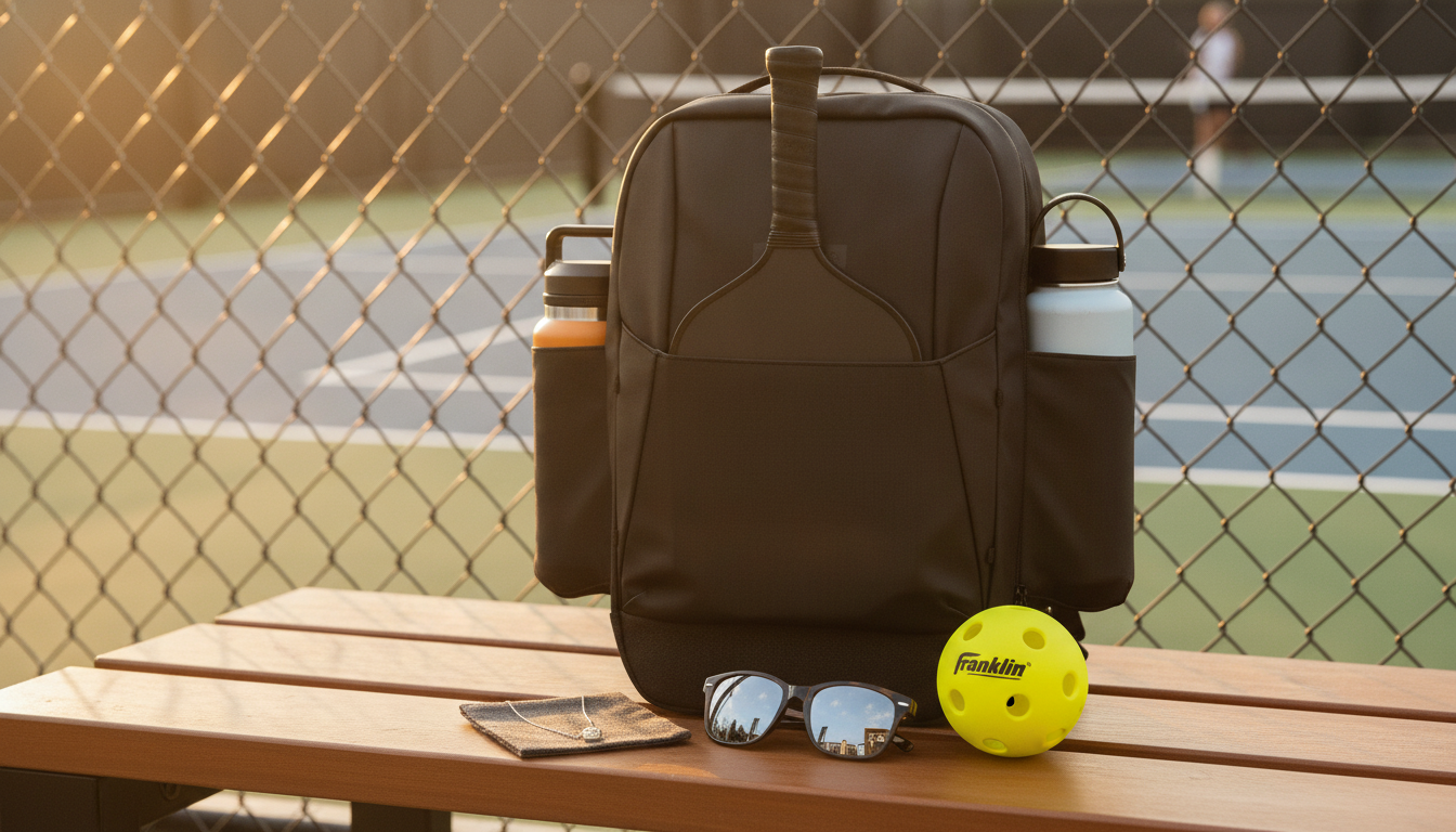 Pickleball gifts for women — court bag surrounded by accessories at golden hour