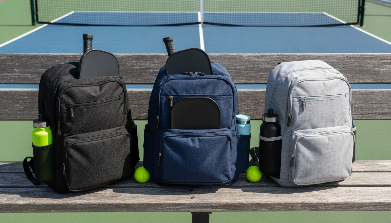 Three different pickleball backpacks lined up side by side on an outdoor court bench — brand comparison editorial showing different sizes and profiles