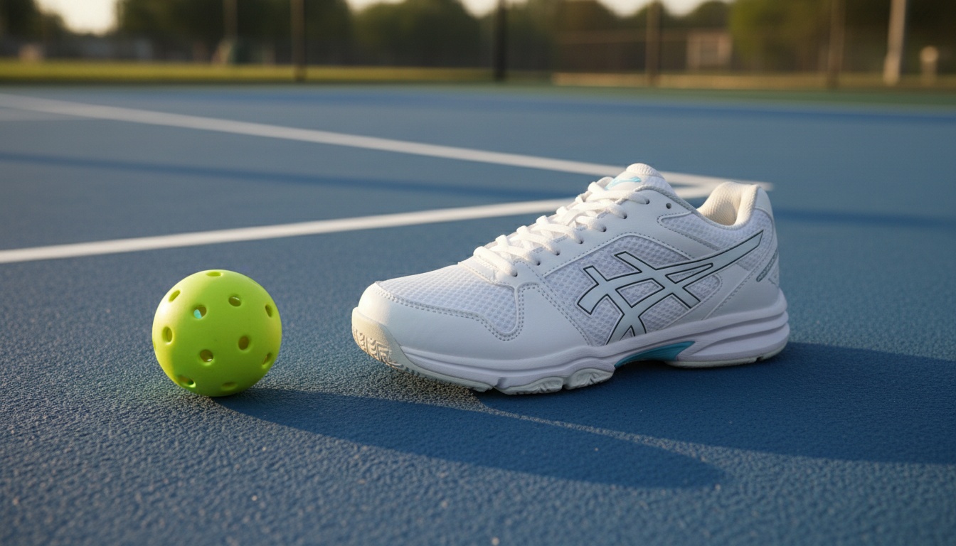 Selkirk CourtStrike Pro 3.0 pickleball shoe on outdoor hard court with pickleball nearby