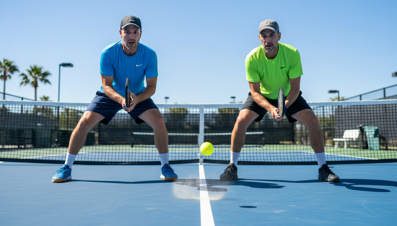 Pickleball players at the kitchen line in ready position reacting to a hard drive at their feet