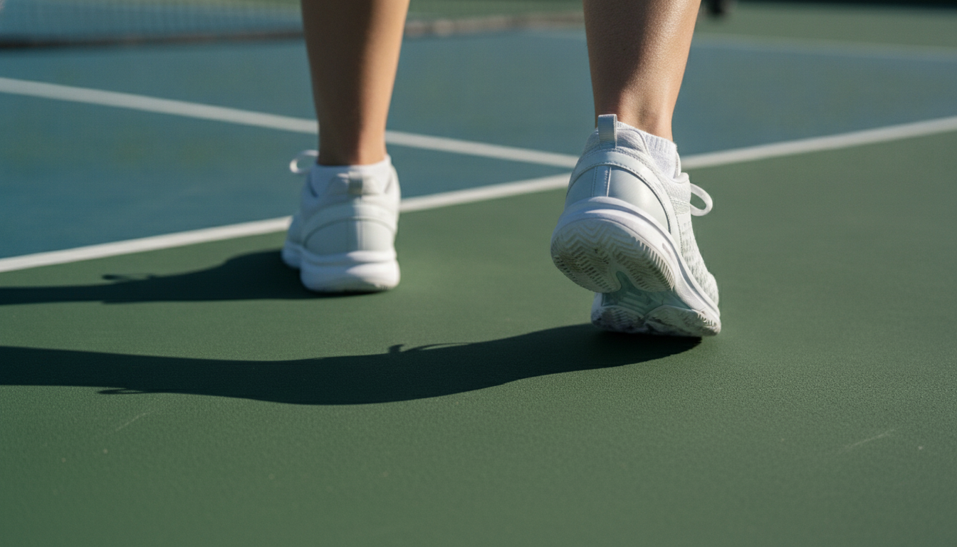 Athletic court shoes gripping an outdoor pickleball court surface during lateral movement