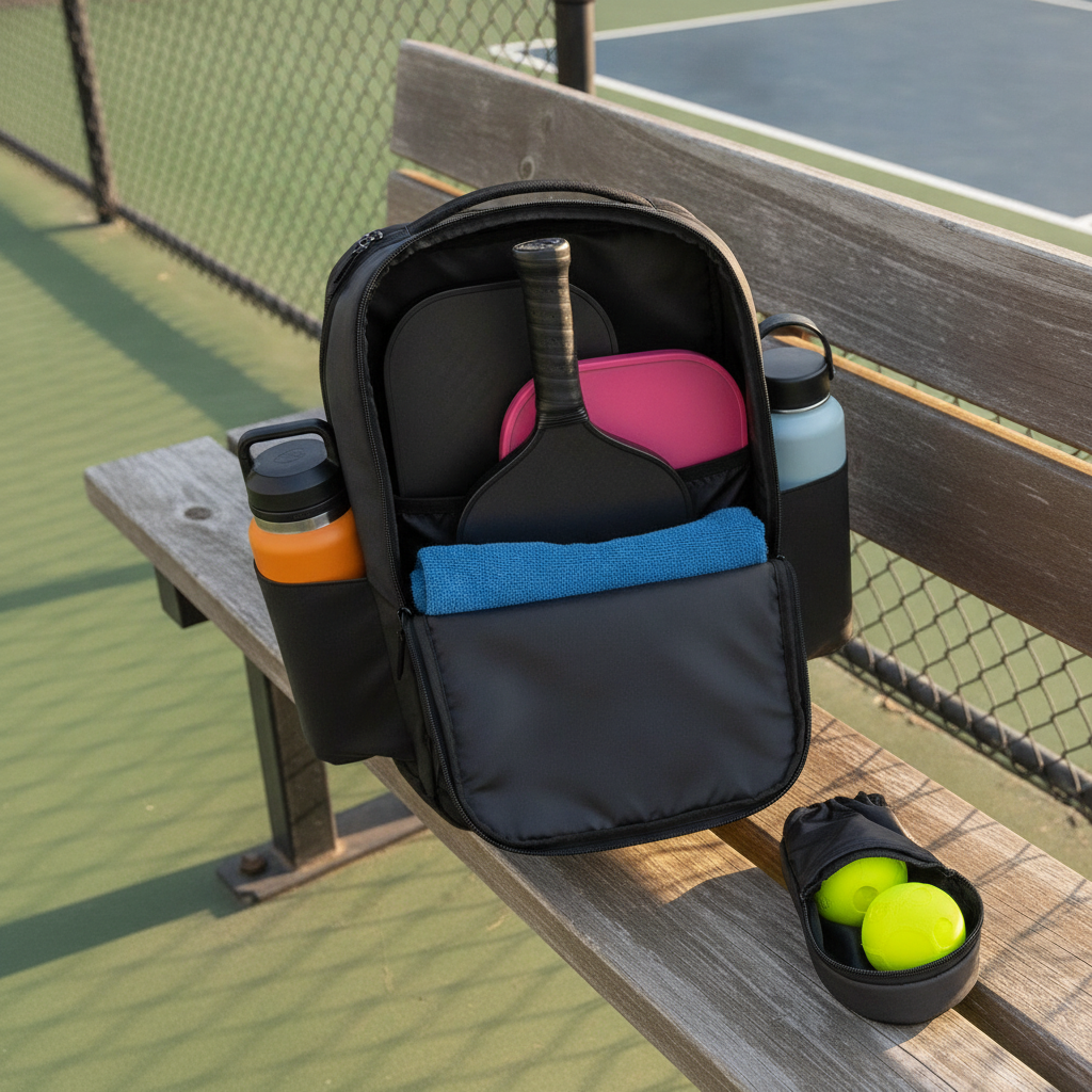 Organized pickleball gear bag open courtside showing paddles and accessories neatly arranged