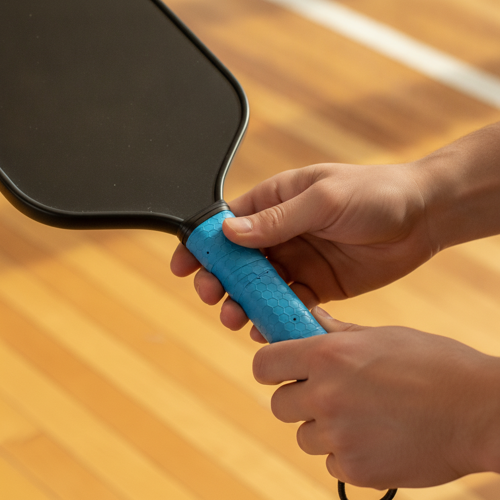 Player's hands wrapping the Gamma Honeycomb cushion grip onto a pickleball paddle