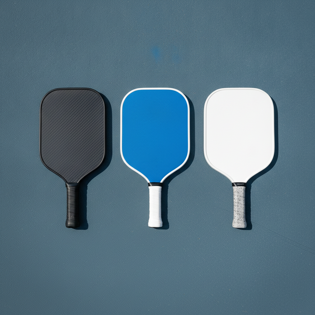 Three pickleball paddles compared side by side on outdoor court surface