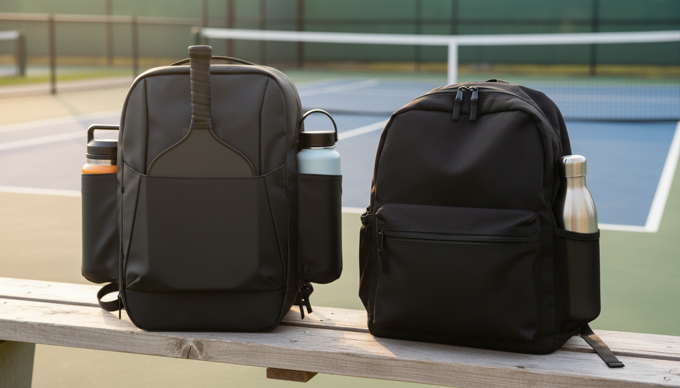 Two pickleball backpacks on a courtside bench for head-to-head comparison