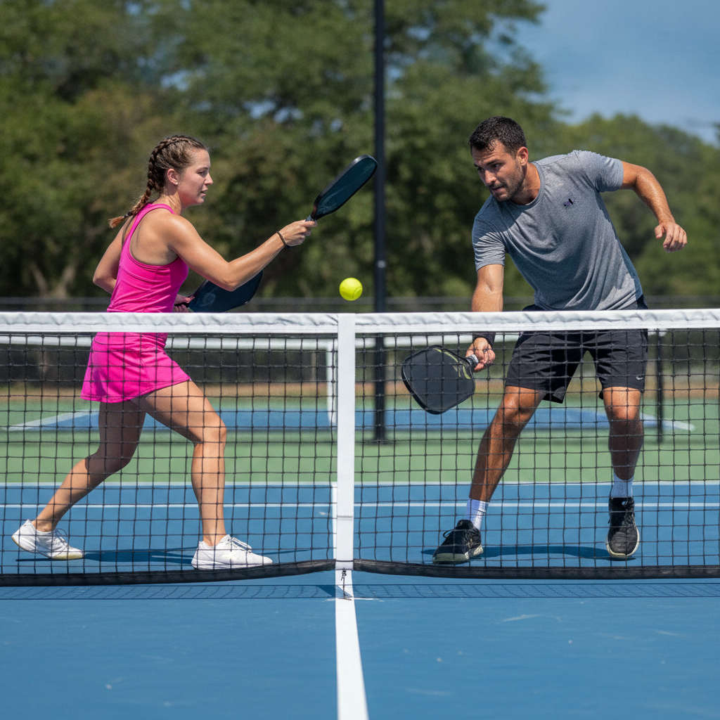 Two pickleball players in an intense non-volley zone kitchen exchange on an outdoor court, both at the NVZ line mid-point
