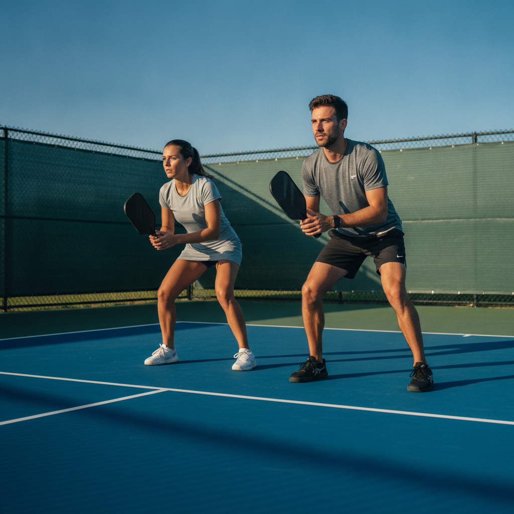 Mixed doubles pickleball partners at the non-volley zone, both in ready position on outdoor court
