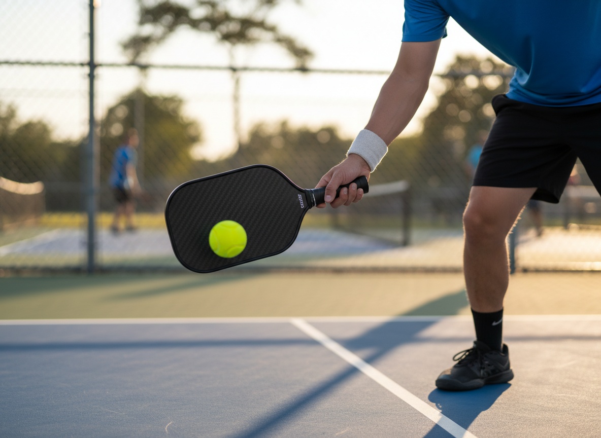 Player gripping a carbon fiber pickleball paddle at the kitchen line during an outdoor match, afternoon light