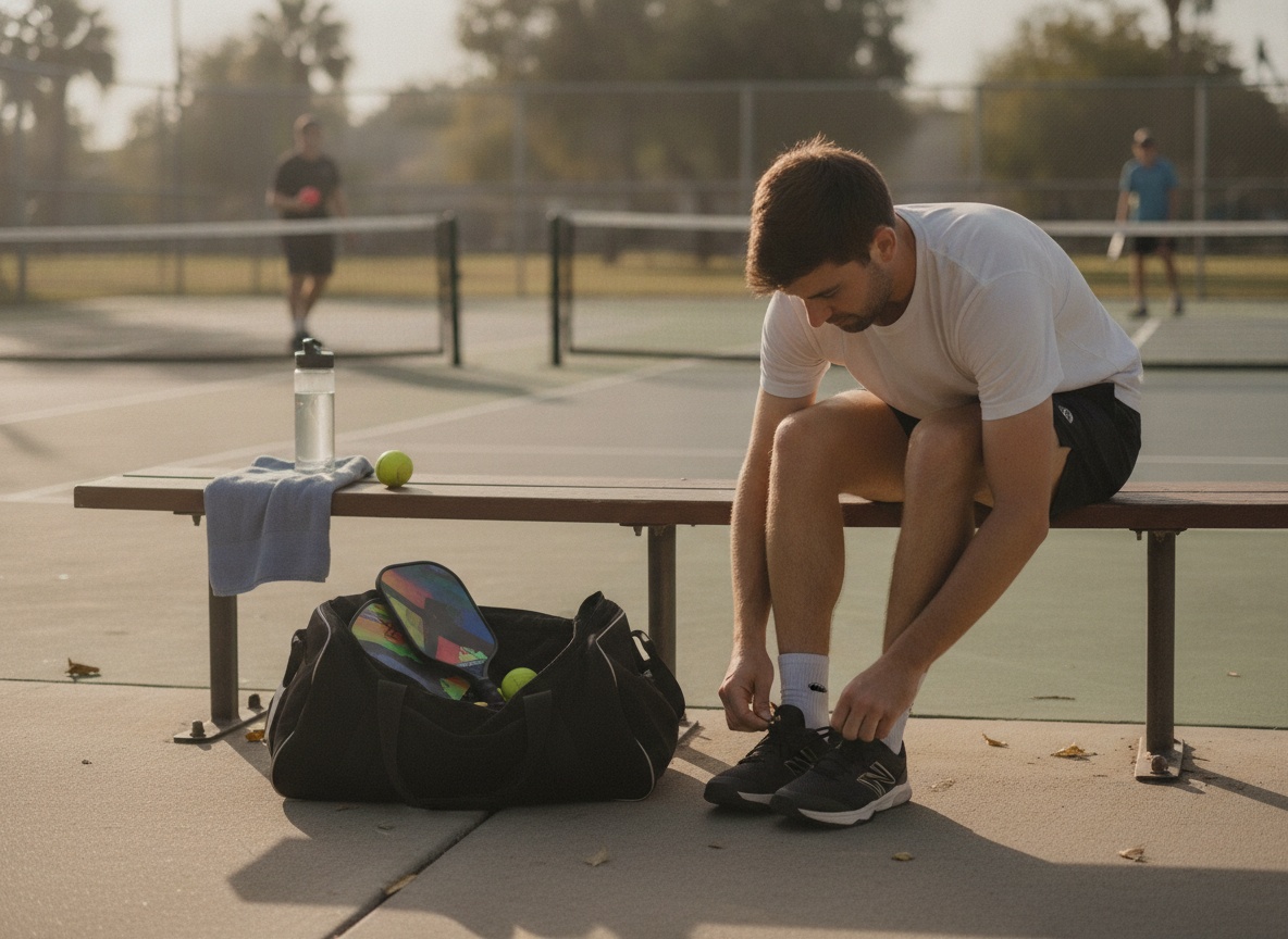 Pickleball player lacing up court shoes on bench before a match with bag and paddles visible nearby