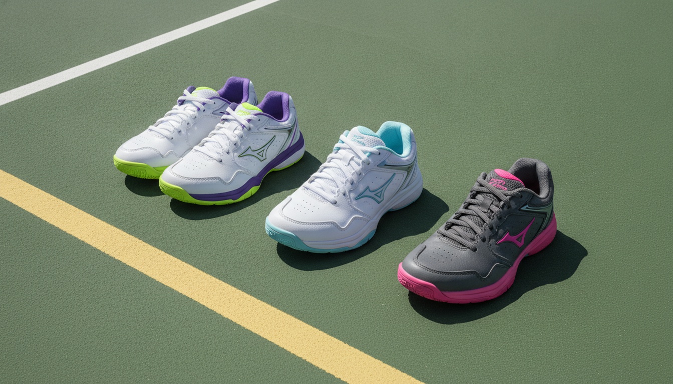 Women's pickleball court shoes lined up side by side on outdoor court showing different toe box widths
