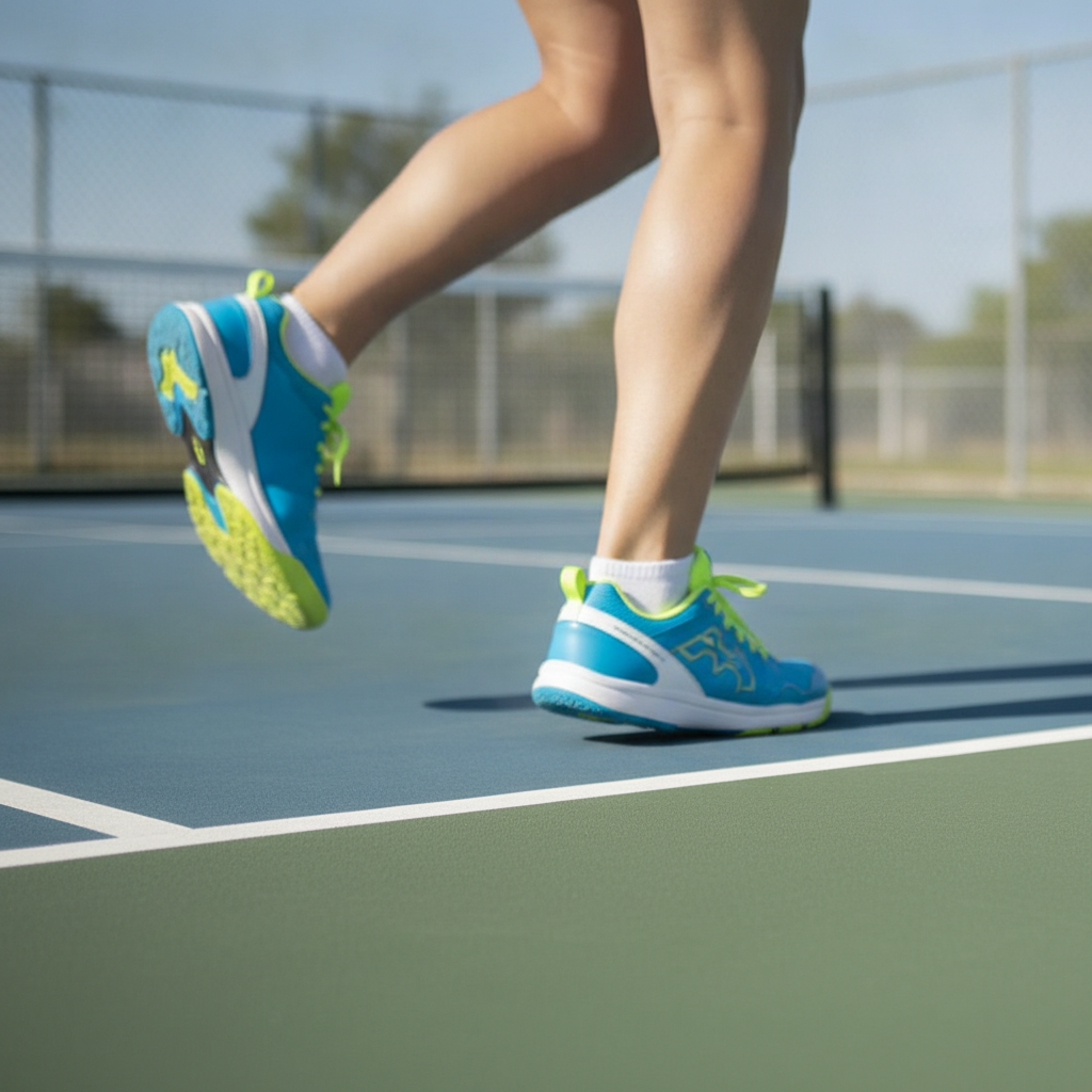 Player's feet mid-stride on outdoor pickleball court showing lateral shuffle footwork, court lines visible